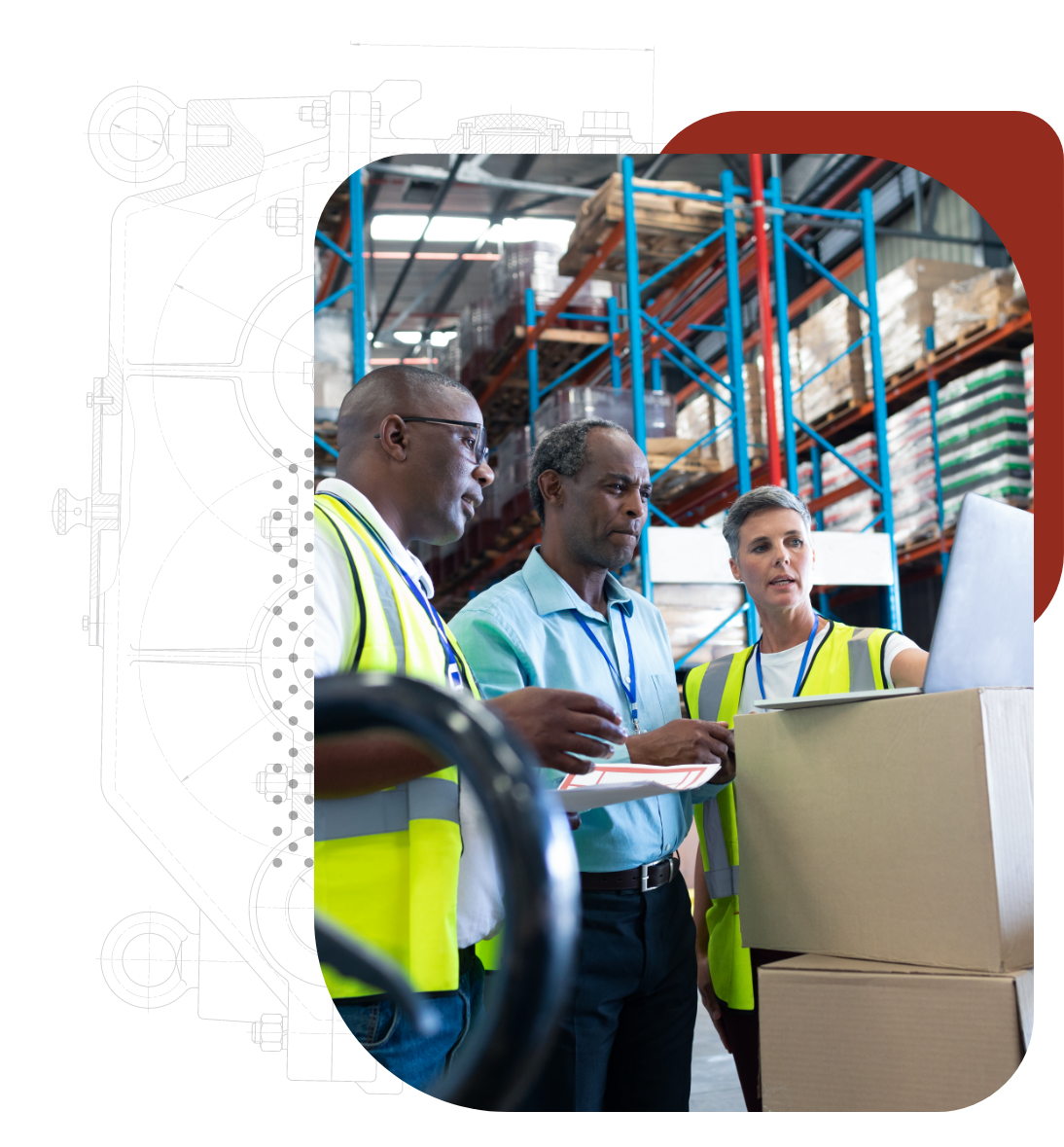 three quality assurance workers inspecting in warehouse